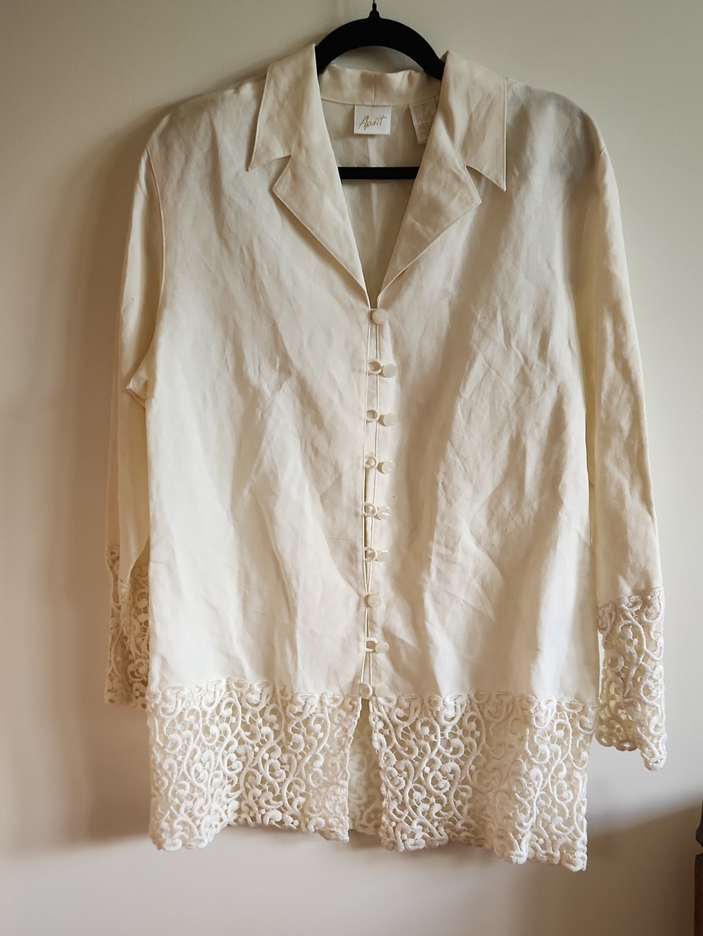 Cream Lace Hem Button-Up Blouse